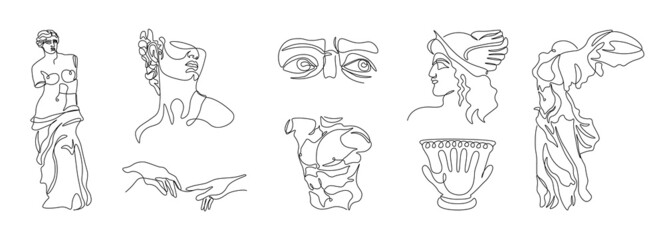 One line ancient greek statues. Hand drawn antique sculptures, mythology characters knight vase. Vector art