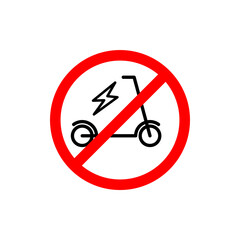 Electric scooter prohibited sign. No E-scooter allowed icon. Traffic ban symbol. Forbidden area for driving scooters. Pedestrian zone. Accident prevention warning. Vector illustration, flat, clip art