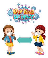 Keep Your Distance font in cartoon style with two children keeping social distance isolated on white background