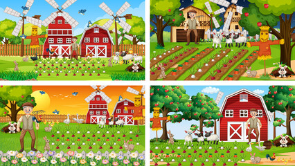 Different farm scenes with old farmer and animal cartoon character