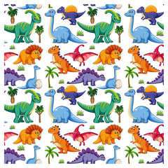 Seamless pattern with various dinosaurs and nature elements on white background