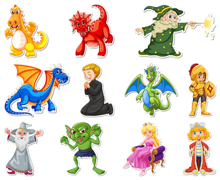 Sticker set with different fairytale cartoon characters