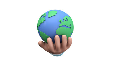 Cartoon style hand holding a planet earth. Earth day concept. 3D Render