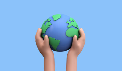 Cartoon style hand holding a planet earth. Earth day concept. 3D Render