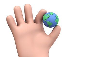 Cartoon style hand holding a planet earth. Earth day concept. 3D Render