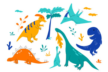 Vector set of dinosaurs in a cartoon doodle style. Cute children's illustration is suitable for a children's room
