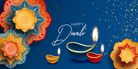 Happy Diwali. Paper Graphic of Indian Rangoli. Rangoli - A traditional Indian art of decorating the entrance to a house. Diwali festival holiday design with paper cut style of Indian Rangoli. 