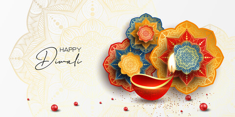 Happy Diwali. Paper Graphic of Indian Rangoli. Rangoli - A traditional Indian art of decorating the entrance to a house. Diwali festival holiday design with paper cut style of Indian Rangoli. 