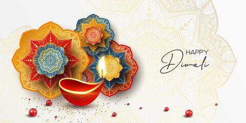 Happy Diwali. Paper Graphic of Indian Rangoli. Rangoli - A traditional Indian art of decorating the entrance to a house. Diwali festival holiday design with paper cut style of Indian Rangoli. 