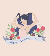 International Women s Day.Illustration for card, poster, flyer and other users. Delicate design of a girl in a white dress, flowers on a background.Hand drawing of a girl straightening her hair.