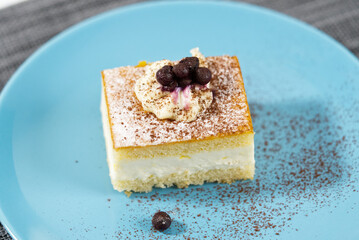 A piece of cake on a blue plate.