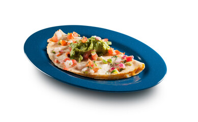 Quesadilla para ciliacos en bandeja azul sobre fondo blanco. Quesadilla for ciliacos in blue tray on white background.