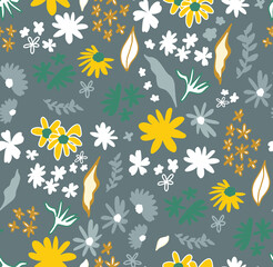 Fototapeta na wymiar Abstract Hand Drawing Ditsy Flowers Leaves and Branches Seamless Vector Pattern Isolated Background