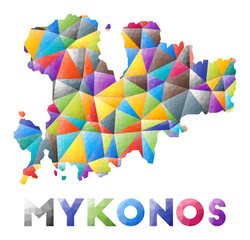 Mykonos - colorful low poly island shape. Multicolor geometric triangles. Modern trendy design. Vector illustration.