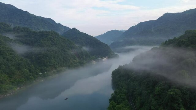 aerial video of the beautiful Dongjiang Lake landscape in morning, Chenzhou City, Hunan Province, China