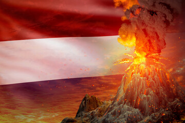 big volcano eruption at night with explosion on Netherlands flag background, suffer from natural disaster and volcanic ash conceptual 3D illustration of nature