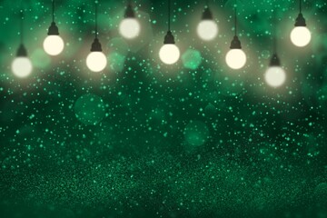 Obraz na płótnie Canvas teal, sea-green cute shiny glitter lights defocused light bulbs bokeh abstract background with sparks fly, festive mockup texture with blank space for your content