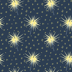 Obraz na płótnie Canvas seamless pattern with fireworks and yellow stars on dark blue background. Minimalistic design. Suitable for wrapping paper, gift bags and festive decor. Vector illustration