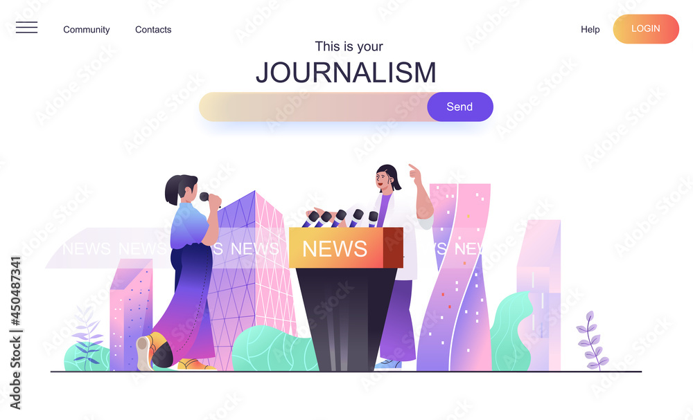Leinwandbilder journalism web concept for landing page. woman speaker speaks at press conference, journalist with m