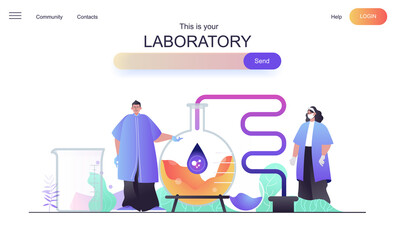 Laboratory web concept for landing page. Man and woman scientists are make test, investigating molecules or developing new drug banner template. Vector illustration for web page in flat cartoon design