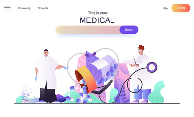 Medical web concept for landing page. Doctors diagnose patients and prescribe prescriptions, healthcare, drugs in pharmacy banner template. Vector illustration for web page in flat cartoon design