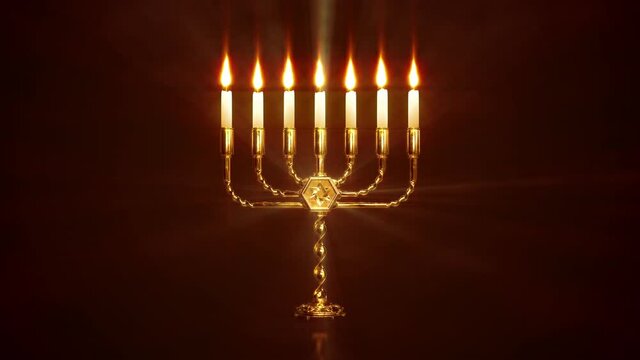 menorah lamp with shining candles holiday concept
