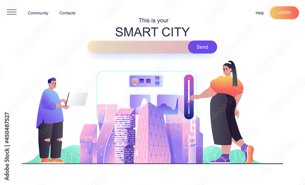 Poster smart city web concept for landing page. man and woman use dashboard to control and manage homes and