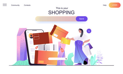 Shopping web concept for landing page. Woman shopper paying for purchases using mobile phone app, online shopping on sale banner template. Vector illustration for web page in flat cartoon design