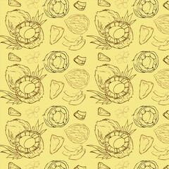 Vector seamless pattern of coconut. Hand drawn engraved art. Healthy beauty hair nutriton. Use for textile, packages, fabric. 