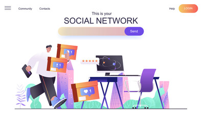 Social network web concept for landing page. Social media user makes posts, collects likes, comments and online followers banner template. Vector illustration for web page in flat cartoon design