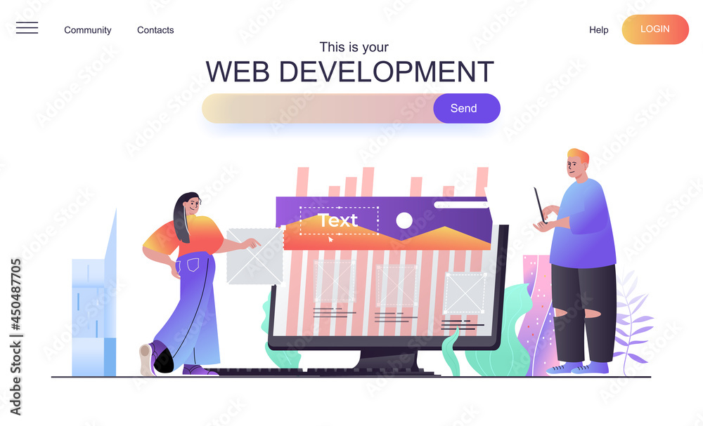 Poster Web development concept for landing page. Man and woman developers create website layout, place graphic elements, ui design banner template. Vector illustration for web page in flat cartoon design