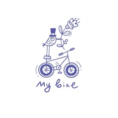 Card with  cute cartoon bird on  bike. Funny animal print. Comical transport poster. Vector doodle childish illustration.