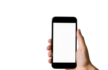 Hand holding smart phone with blank white screen in white background.