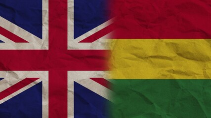 Bolivia and United Kingdom Flags Together, Crumpled Paper Effect Background 3D Illustration