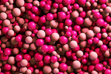 3D gum bubbles. Dynamic bouncing balls. Pink bright background advertisement. Creative template. Sweet candies