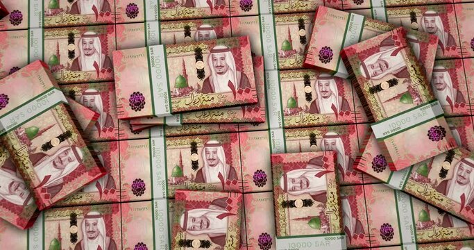 Saudi Arabia Riyal banknotes 3d animation. Camera view from close to long distance. SAR money packs. Concept of inflation, economy, crisis, business, banking, debt and finance.