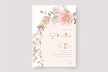 Fototapeta na wymiar Wedding invitation card design with beautiful flower and leaf ornaments
