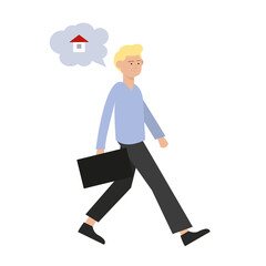 Blond flat businessman go to the office. Working person with bag