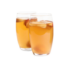 Delicious compot with dried apple slices on white background