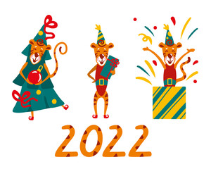 Obraz na płótnie Canvas Happy new year, symbol 2022 year tiger, celebration, christmas card, vector