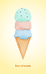 3-tier ice cream cone illustration with mint chocolate flavor, strawberry flavor and soda flavor.