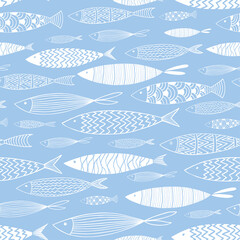 White fishes seamless pattern on blue background