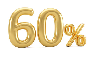 Gold percent isolated on white background. 60% off on sale. 3d rendering.
