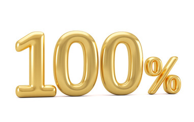 Gold percent isolated on white background. 100% off on sale. 3d rendering.