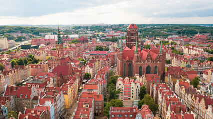 Gdansk, Poland,Europe. Beautiful panoramic aerial photo from drone to old city Gdansk, Motlawa...