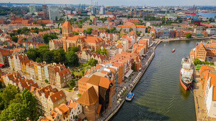 Gdansk, Poland,Europe. Beautiful panoramic aerial photo from drone to old city Gdansk, Motlawa...