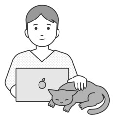 リモートワークしながら猫と戯れる男性