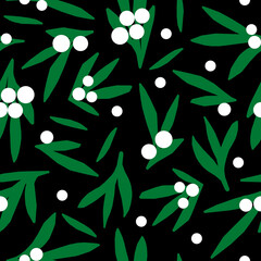 White berries and green leaves on black background. Seamless pattern. Cristmas theme. Design for fabric, textile, wrapping, packing, scrapbooking, home decoration, wallpaper.