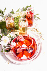 Assortment flowers tea. Fresh elderberry, rose hip, and acacia