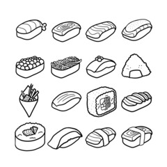 Japanese Sushi and roll line icons set. Freehand drawing on white background for Asian menu restaurants. Nigiri,remaking,tamago,futomaki,uramaki,sashimi